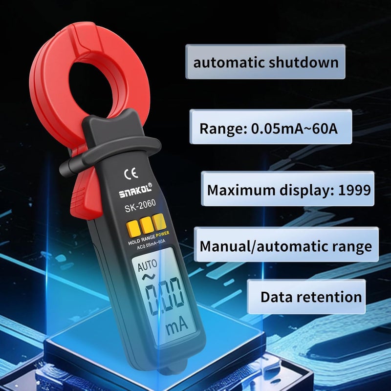 SNAKOL مقياس تيار تسرب AC رقمي مع مشبك تيار منخفض 0.01mA دقة ACA MAX 60A 1999 عدادات نطاق تلقائي احتفاظ بالبيانات مقياس أمبير مقياس مشبك أمبير متر محترف لاختبار التيار الصغير - Image 4